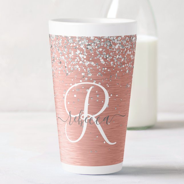 Rose Gold Brushed Metal Glitter Monogram Name Latte Mug (Creator Uploaded)