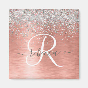 Rose Gold Brushed Metal Glitter Monogram Name Magnet