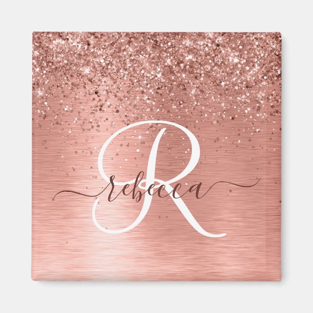 Rose Gold Brushed Metal Glitter Monogram Name Magnet (Front)