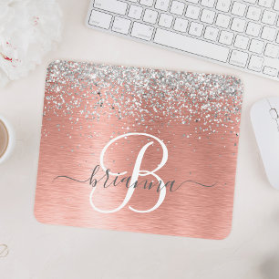 Rose Gold Brushed Metal Glitter Monogram Name Mouse Mat