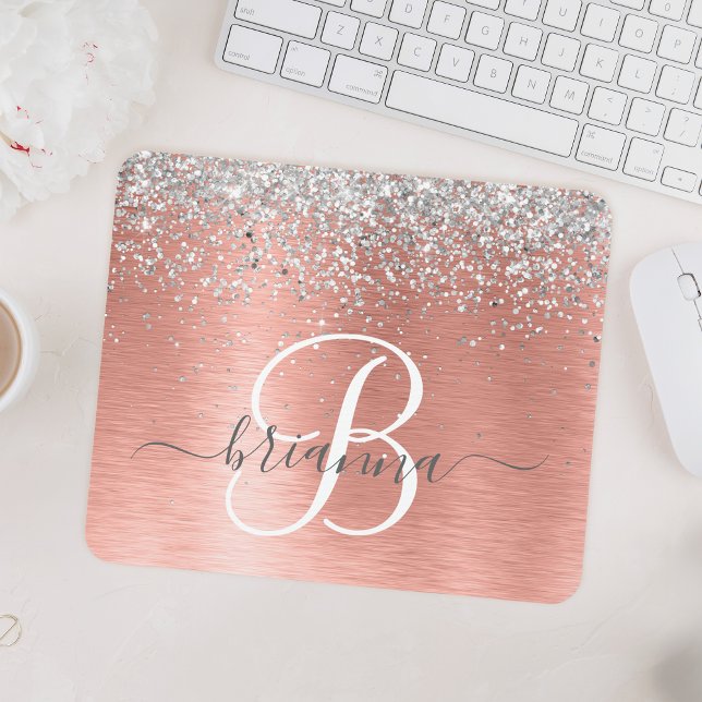 Rose Gold Brushed Metal Glitter Monogram Name Mouse Mat (Creator Uploaded)