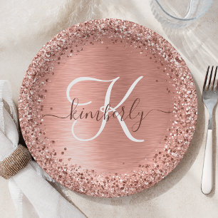 Rose Gold Brushed Metal Glitter Monogram Name Pape Paper Plate