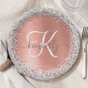 Rose Gold Brushed Metal Glitter Monogram Name Paper Plate