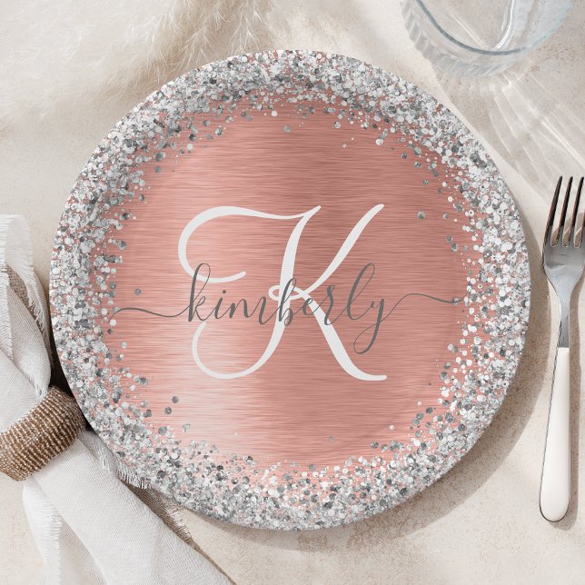 Rose Gold Brushed Metal Glitter Monogram Name Paper Plate (Creator Uploaded)