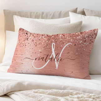 Rose Gold Brushed Metal Glitter Monogram Name Pillowcase