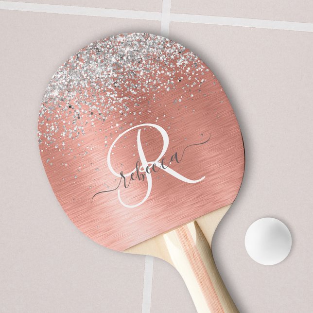 Rose Gold Brushed Metal Glitter Monogram Name Ping Pong Paddle (Creator Uploaded)