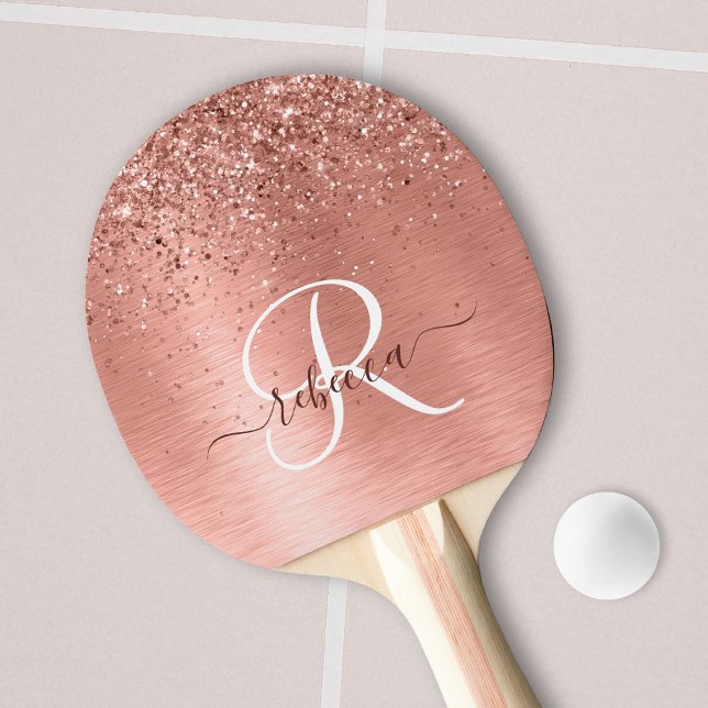 Rose Gold Brushed Metal Glitter Monogram Name Ping Pong Paddle (Creator Uploaded)