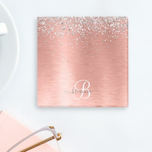 Rose Gold Brushed Metal Glitter Monogram Name Post-it Notes (Creator Uploaded)
