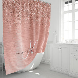 Rose Gold Brushed Metal Glitter Monogram Name Shower Curtain