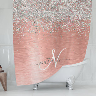 Rose Gold Brushed Metal Glitter Monogram Name Shower Curtain