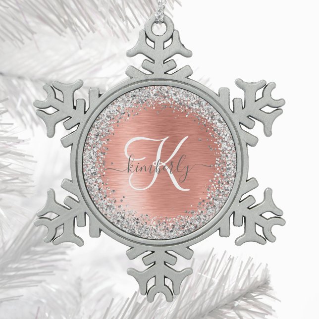 Rose Gold Brushed Metal Glitter Monogram Name Snowflake Pewter Christmas Ornament (Creator Uploaded)