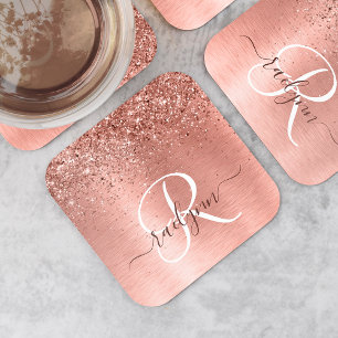 Rose Gold Brushed Metal Glitter Monogram Name Square Paper Coaster