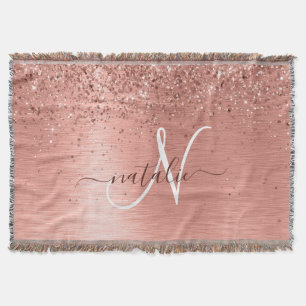 Rose Gold Brushed Metal Glitter Monogram Name Throw Blanket
