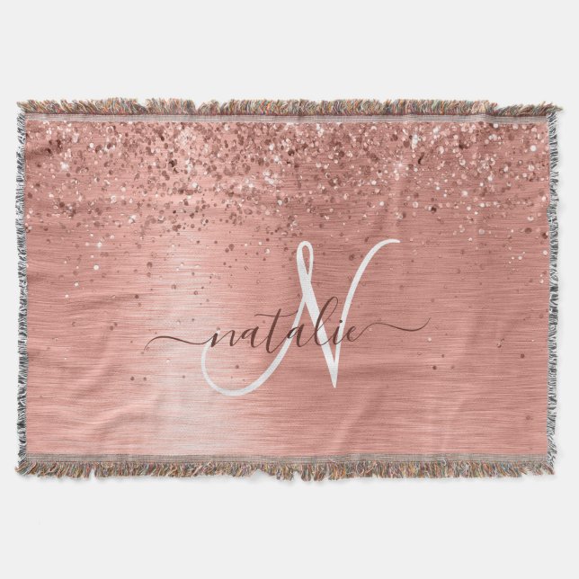 Rose Gold Brushed Metal Glitter Monogram Name Throw Blanket (Front)