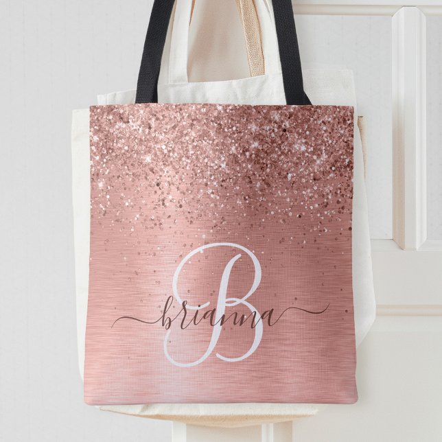 Rose Gold Brushed Metal Glitter Monogram Name Tote (Creator Uploaded)