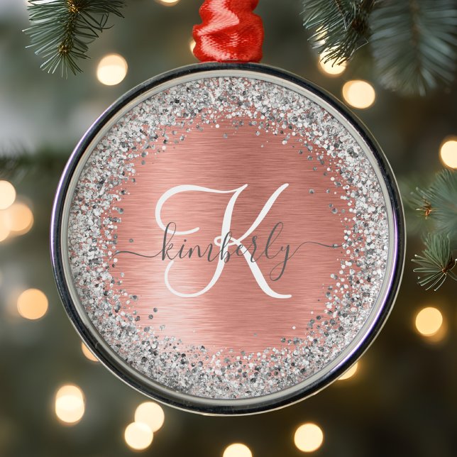 Rose Gold Brushed Metal Glitter Monogram Name Tree Decoration (Creator Uploaded)