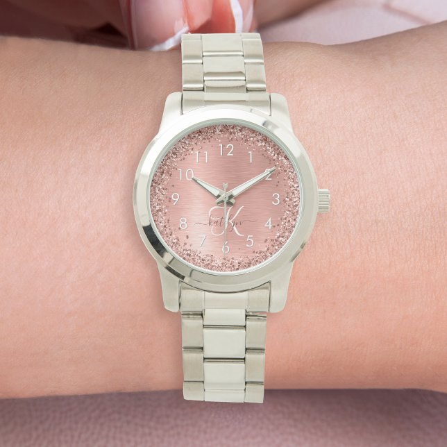 Rose Gold Brushed Metal Glitter Monogram Name Watch (Add some sparkle to your wrist with this rose gold glitter watch personalized with your monogram.)