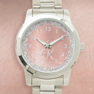 Rose Gold Brushed Metal Glitter Monogram Name Watch