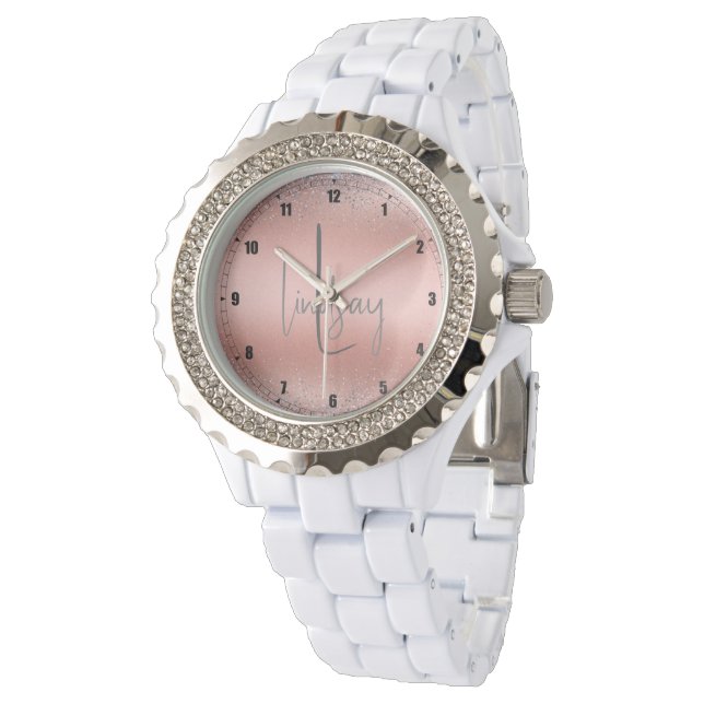 Rose Gold Brushed Metal Glitter Monogram | Watch (Angled)