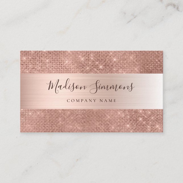 Rose Gold Brushed Metal Glitter Sparkle Script Business Card (Front)