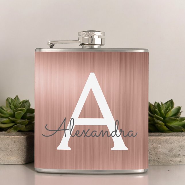 Rose Gold Brushed Metal Monogram Name and Initial Hip Flask (Creator Uploaded)