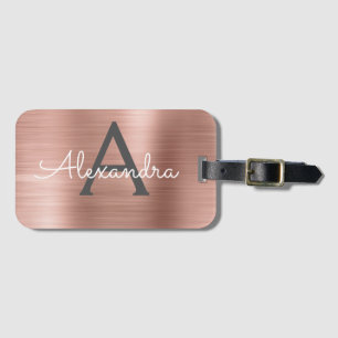 Rose Gold Brushed Metal Monogram Name and Initial Luggage Tag
