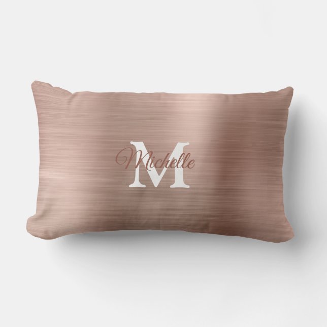 Rose Gold Brushed Metal Personalised Monogram Lumbar Cushion (Front)