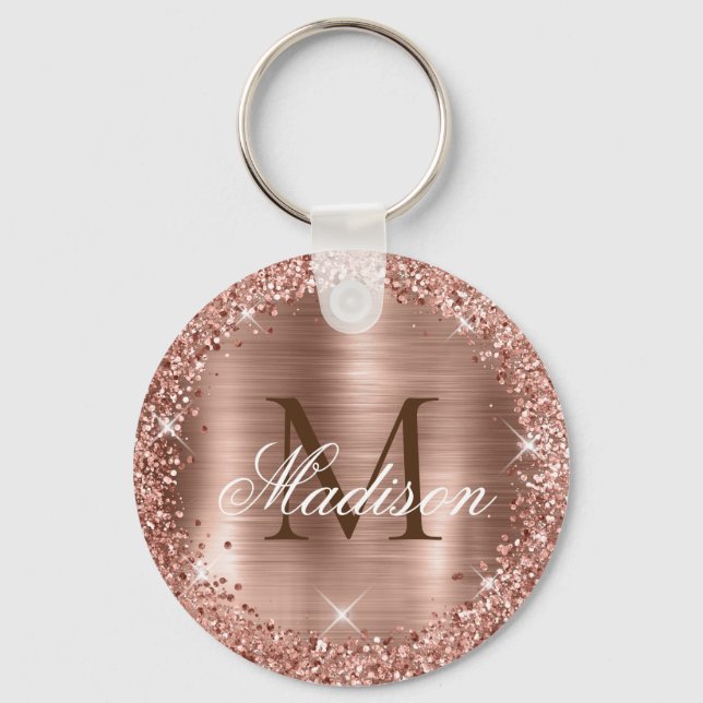 Rose Gold Brushed Metal Rose Gold Glitter Monogram Key Ring (Front)
