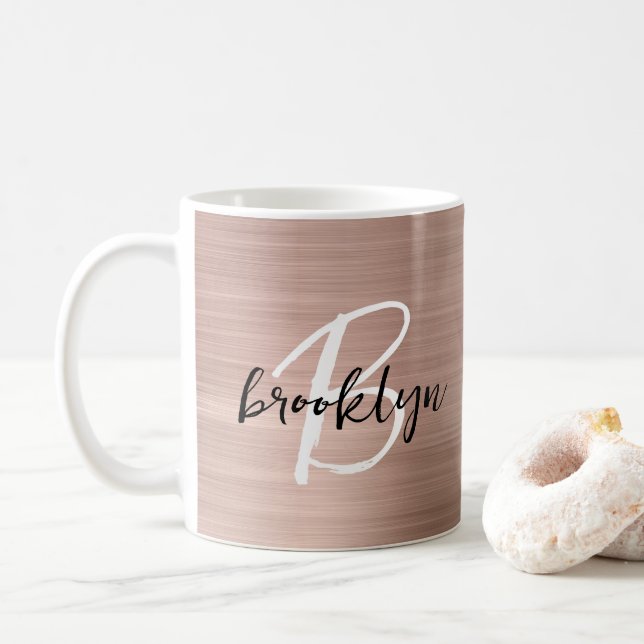 Rose Gold Brushed Metal Script Monogram  Coffee Mug (With Donut)
