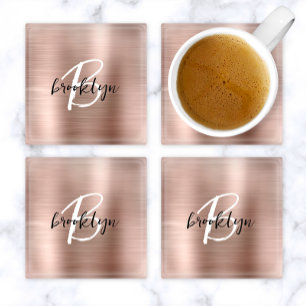 Rose Gold Brushed Metal Script Monogram  Glass Coaster