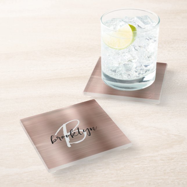 Rose Gold Brushed Metal Script Monogram  Glass Coaster (Angled)
