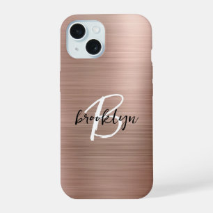 Rose Gold Brushed Metal Script Monogram iPhone 15 Case