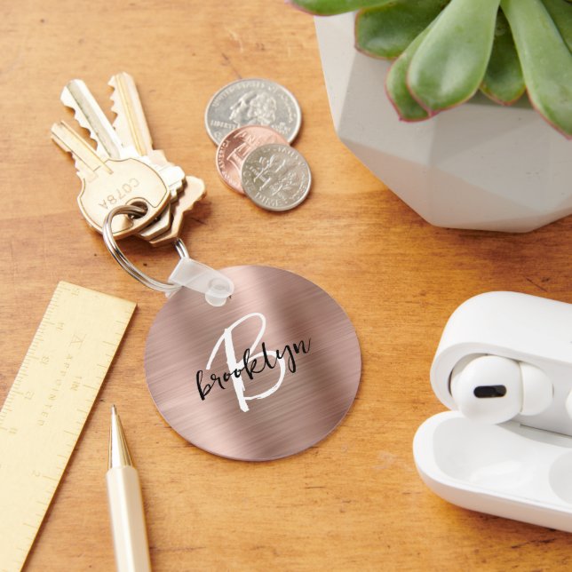 Rose Gold Brushed Metal Script Monogram  Key Ring (Desk)