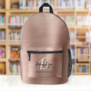 Rose Gold Brushed Metal Script Monogram Name Printed Backpack