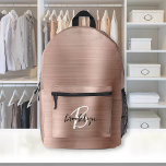 Rose Gold Brushed Metal Script Monogram  Printed Backpack<br><div class="desc">This personalised backpack features a monogram and first name in modern black and white script on an elegant rose gold faux brushed metal background.</div>