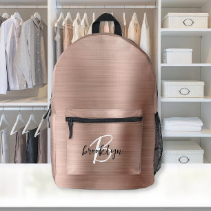 Rose Gold Brushed Metal Script Monogram Printed Backpack