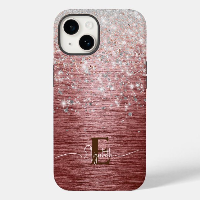 Rose Gold Brushed Metal Silver Glitter Monogram Case-Mate iPhone Case (Back)