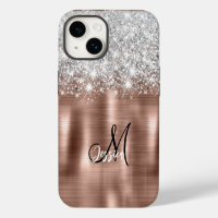 Rose Gold Brushed Metal Silver Glitter Monogram