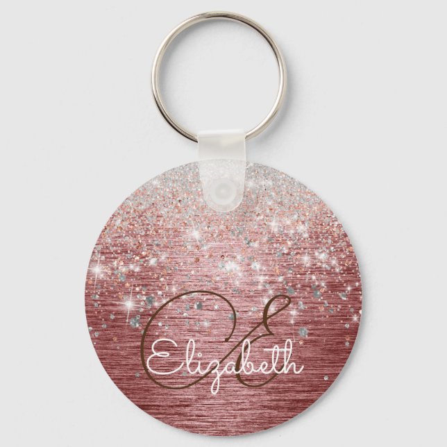 Rose Gold Brushed Metal Silver Glitter Monogram Key Ring (Front)