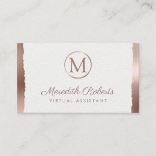 Rose Gold Brushed Metal White Frame Monogram Business Card