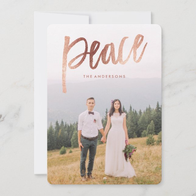 Rose Gold Brushed Overlay Holiday Photo Card (Front)