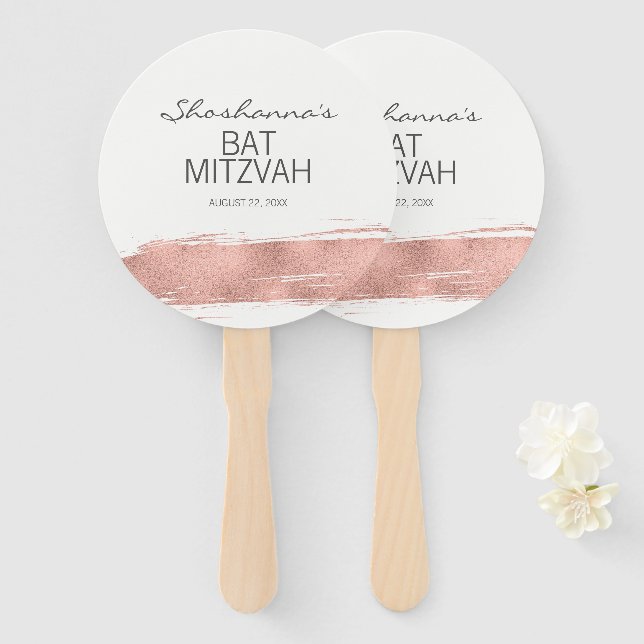 Rose Gold Brushstroke Bat Mitzvah Hand Fan (Front and Back)