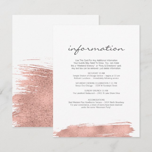 Rose Gold Brushstroke Bat Mitzvah Information Card (Front/Back)