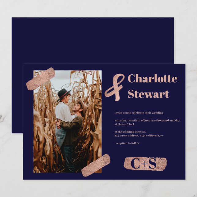 Rose gold brushstroke elegant chic wedding photo invitation (Front/Back)