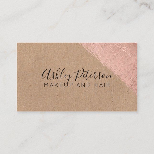 Rose gold brushstroke kraft hair makeup typography business card (Front)