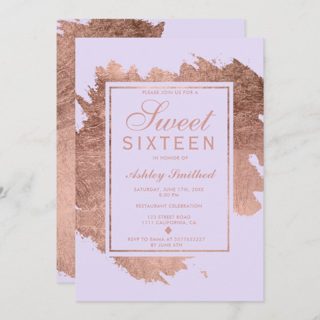 Rose Gold brushstrokes lavender Sweet 16 Invitation (Front/Back)