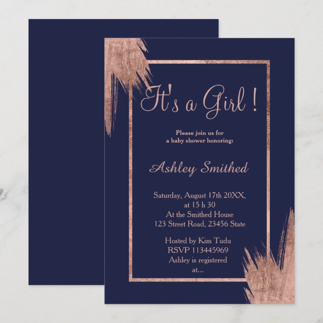 Rose gold brushstrokes navy blue girl baby shower invitation (Front/Back)