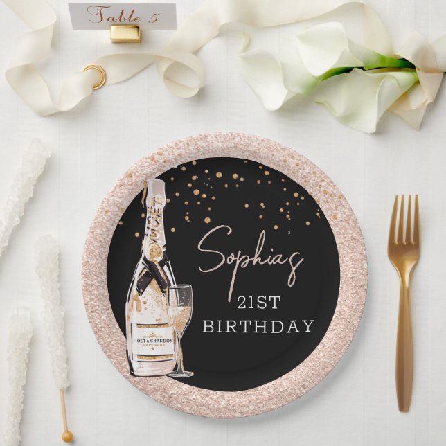 Rose Gold Bubbly Champagne Birthday Party Paper Plate (Wedding)