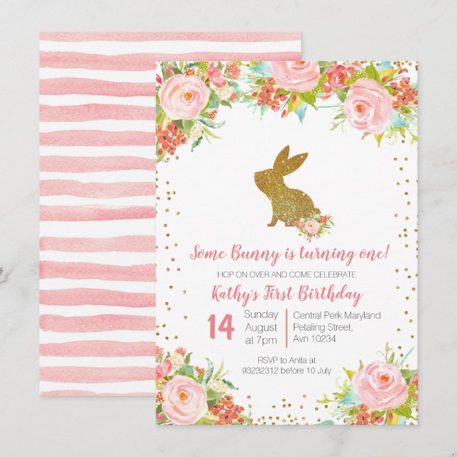 Rose Gold Bunny 1st Birthday Floral Invitation (Front/Back)
