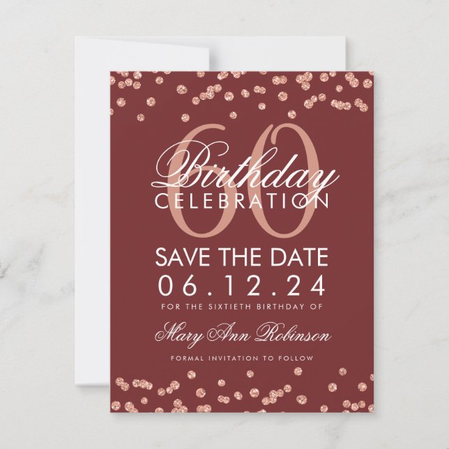 Rose Gold Burgundy 60 Birthday Save Date Confetti Save The Date (Front)
